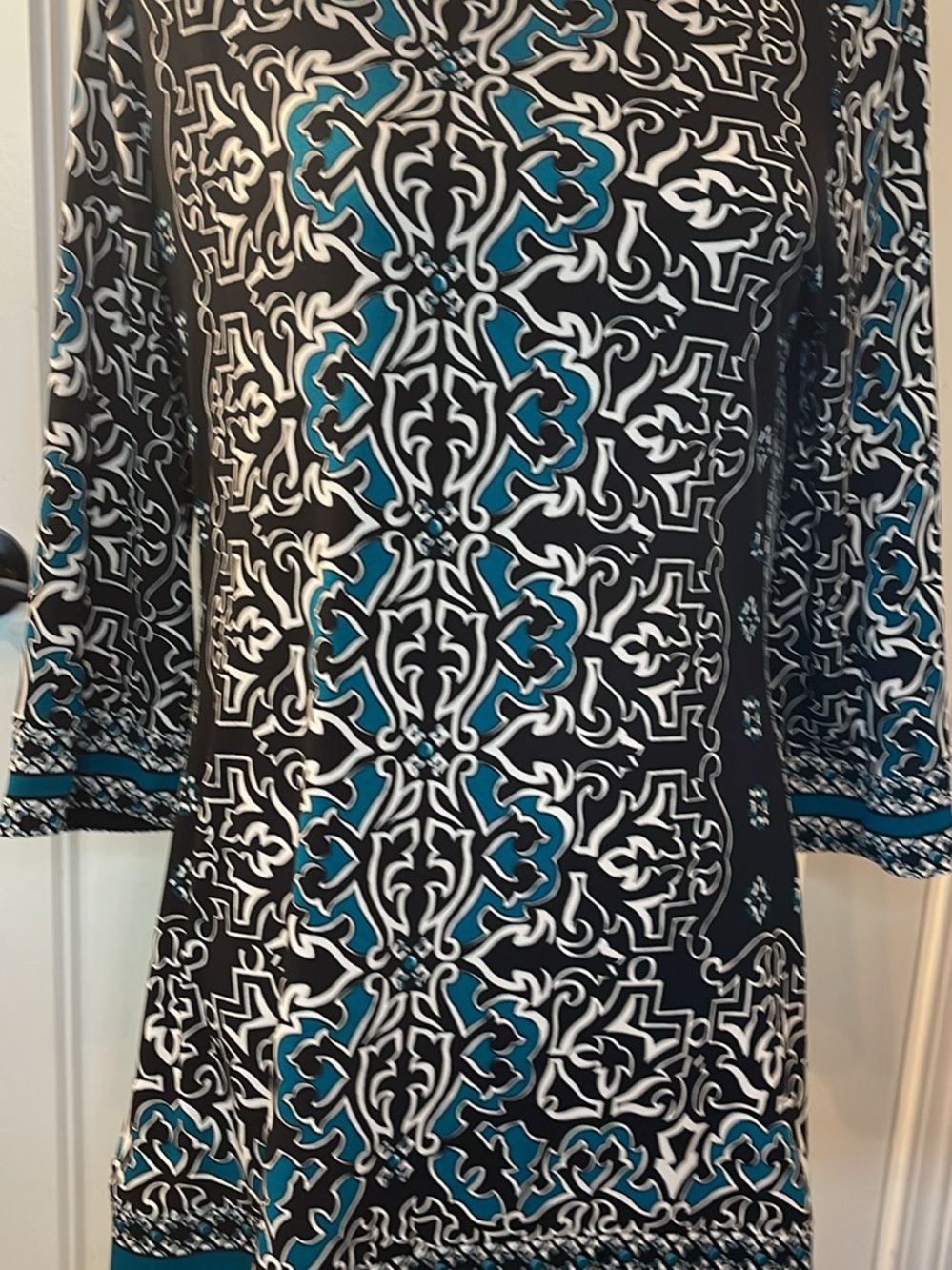 White House Black Market Black, Teal & White Long Sleeve Patterned Dress